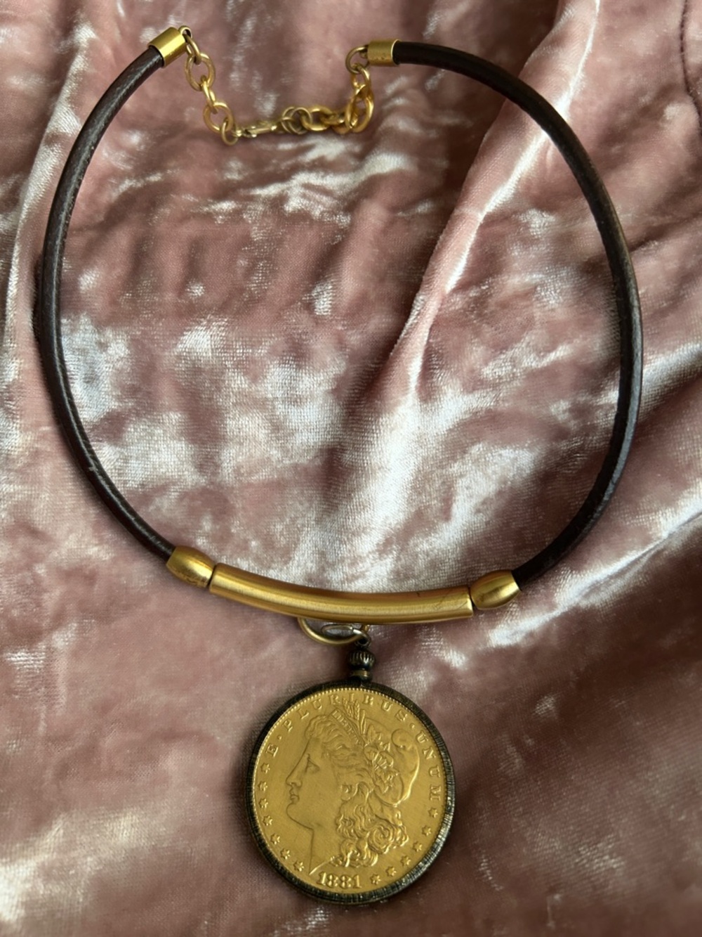 Gold-Tone Coin Pendant Necklace - Brown Cord